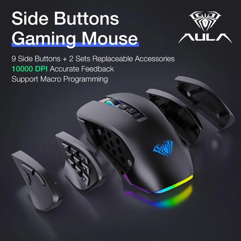 Aula rgb gaming mouse 10000 dpi botões laterais macro programável ergonômico 14 chave com fio usb backlit gamer ratos para computador portátil desktop