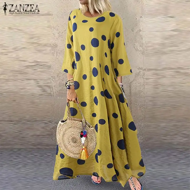 Cotton Linen Dresses Kaftan Printed Polka-Dot ZANZEA Vintage Womens 3/4-Sleeve Vestido