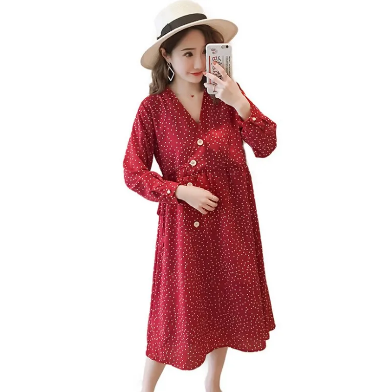 

Fashion Dot Printed Sunlight Linen Maternity Gown Nursing Dress Autumn Breastfeeding Pregnancy Dress Clothes For Pregnant Women