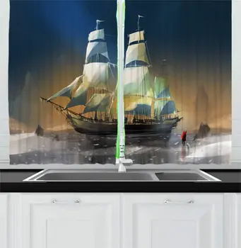 

Nautical Kitchen Curtains Child and Dog Standing on Snow Against Big Ship Digital Print Window Drapes