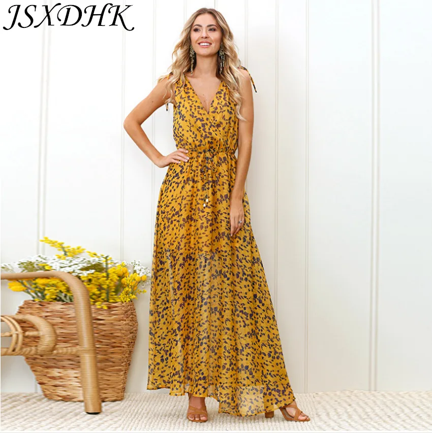 

JSXDHK Sexy Spaghetti Strap Maxi Women Chiffon Dress Fashion Women Leopard Print Holiday Long Dress Elegant Deep V Neck Dress