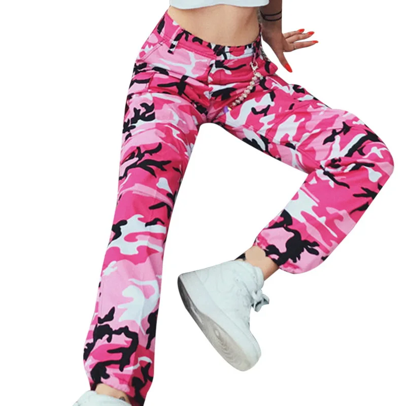 Autumn Fashion Camouflage Printed Cotton Pants Women Casual Pleated Loose Military Trousers Sportwear Gym Camo Pants Female - Цвет: rose red