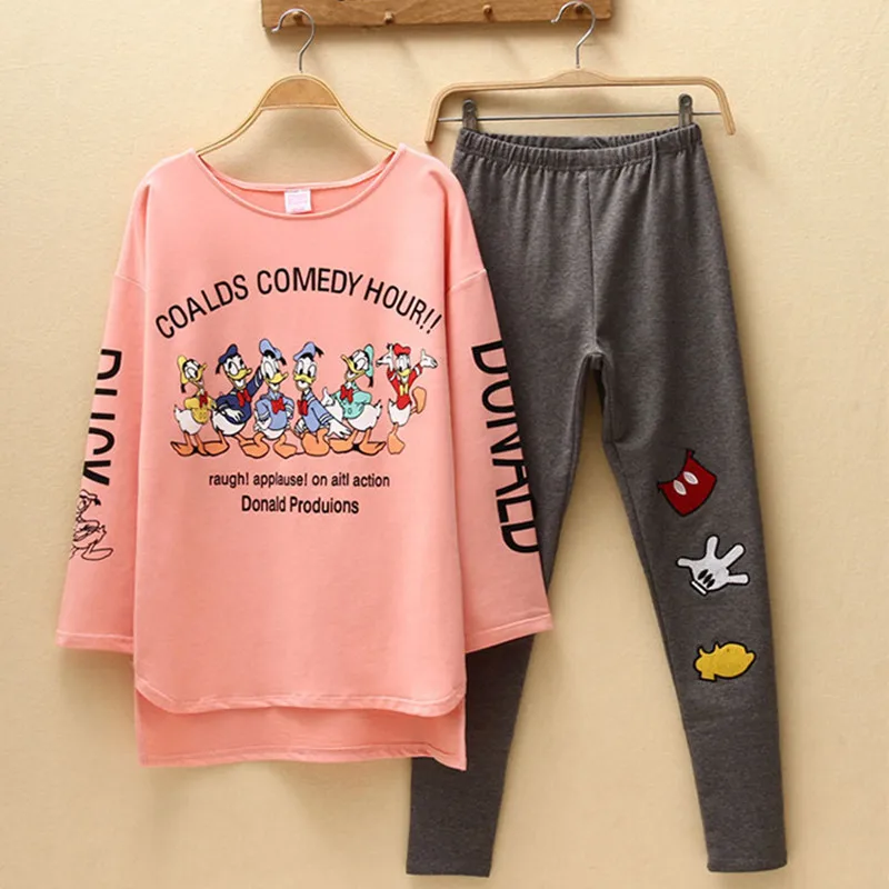 Комплект из двух предметов, Осенний женский костюм с детскими рисунками Дональда Дака, топы и штаны, одинаковые комплекты, модный костюм, одежда большого размера