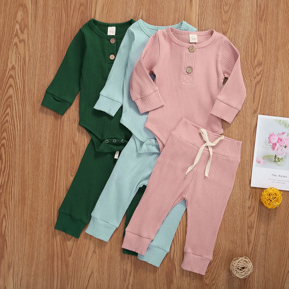 

Infant Newborn Baby Grils Boys Outfits 2Pcs Set Casual Long Sleeve Knitted Jumpsuit + Lace Up Trousers Pajamas Suit Solid Color
