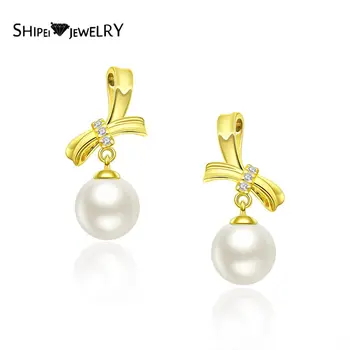 

Shipei Romantic Cute 925 Sterling Silver Pearl Greated Moissanite Wedding Fine Jewelry Engagement 18K Yellow Gold Earrings