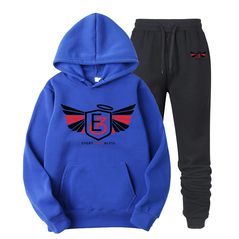 blue-Black Модный комплект из двух предметов, мужские толстовки с капюшоном, спортивная одежда для мужчин, спортивный костюм с капюшоном, осенне-зимняя мужская брендовая одежда, толстовки+ штаны - Цвет: blue-Black