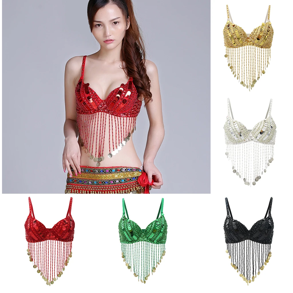 Belly Dance Sequins Beaded Bra Top Latin Samba Dancing Costumes Bikini