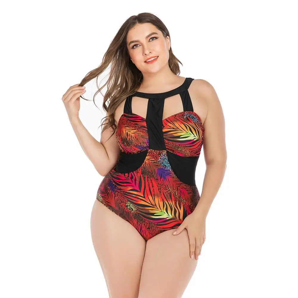  One Piece Swimsuit Women Printed Hollow-out Strappy Quick Drying Slimming Beach Bikini Plus Size Sw