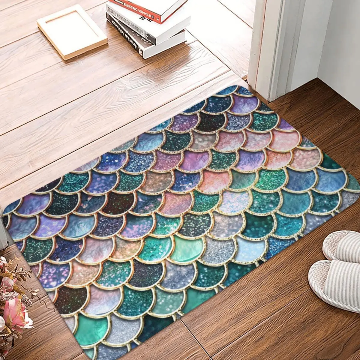 Teal Silver And Pink Glitter Mermaid Scales Doormat Carpet Mat Rug Polyester PVC Anti-slip Floor Decor Bath Bathroom Kitchen