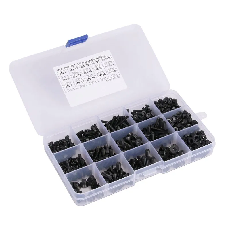 460Pcs M3 M4 M5 Alloy Steel Countersunk Flat Head Hex Socket Cap Screws Nuts Set Assortment Kit Precise Metric Bolts Nuts Set