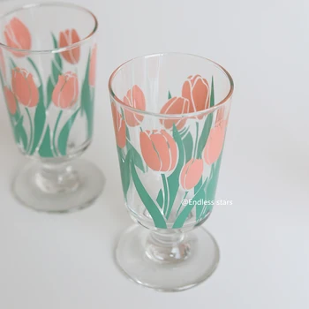 

Portsble Wine Glass South Korea Niche Ins Retro Little Daisy Tulip Water Glass Goblet Juice Romantic Glass Juice Cup