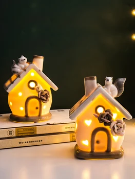 

With Light Creative Home Decor Accessories Ceramics House Model Sculpture Desktop Decoration Ornamens Fairy Garden Figurines