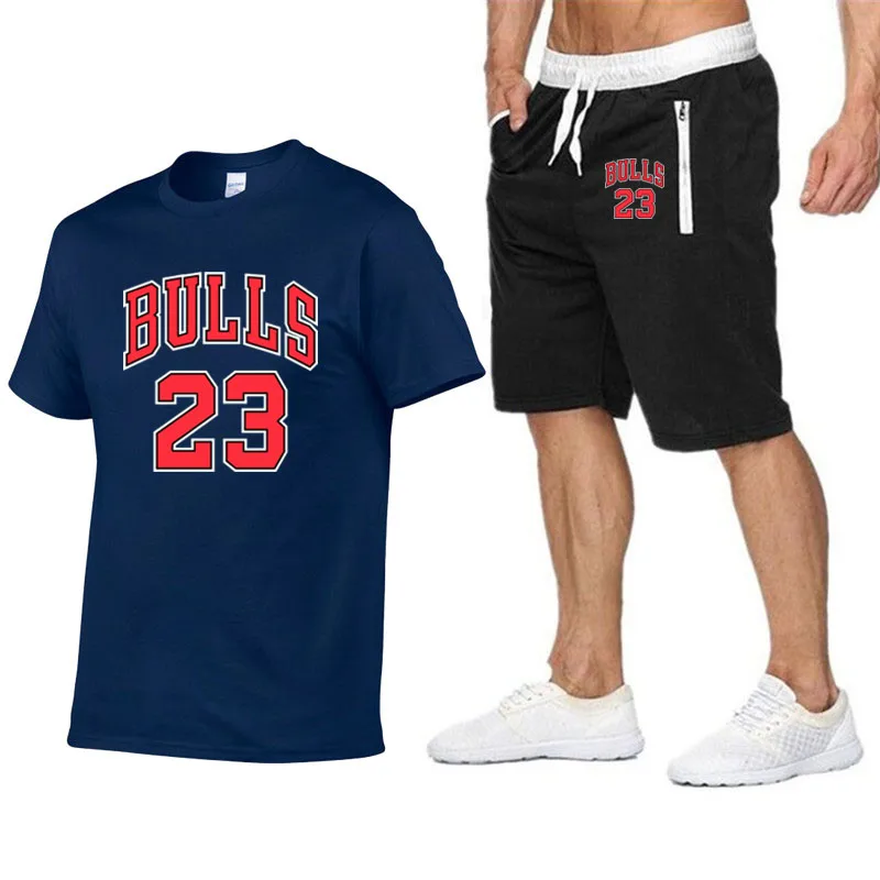 Jordan Новинка bull 23 футболка шорты наборы мужские с буквенным принтом летние костюмы Повседневная мужская футболка брендовая одежда streetwar топы Мужские - Цвет: Navy-black