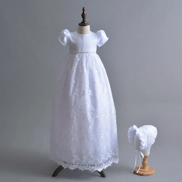 White Dress Cap Винтажное платье для маленьких девочек; платья для крещения для девочек; одежда для первого дня рождения, свадьбы, крестин; праздничная одежда для новорожденных - Цвет: White Dress Cap