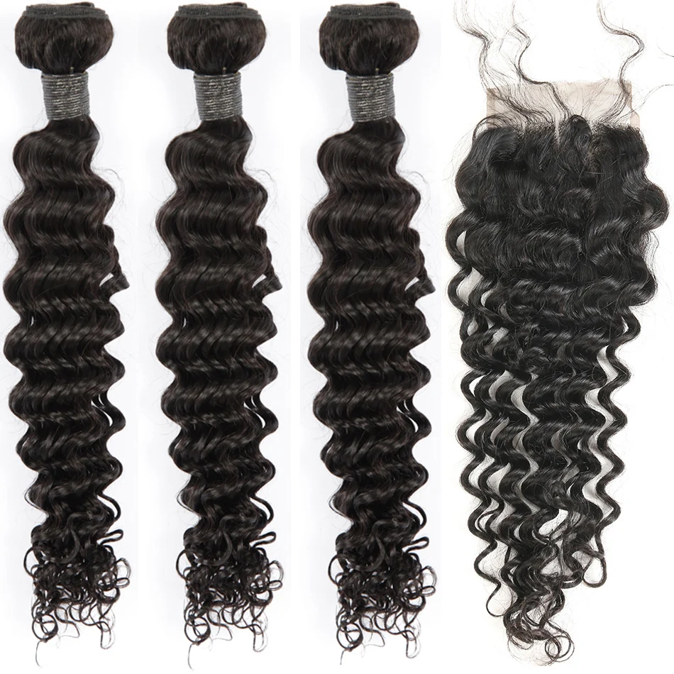 

Malaysian Deep Wave Bundles with Closure Double Weft Remy Human Hair Weave 3 Bundles with Closure Natural Color