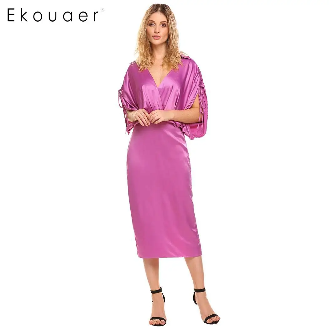 Ekouaer Elegant Long Satin Dress Women V Neck Drawstring Sleeve
