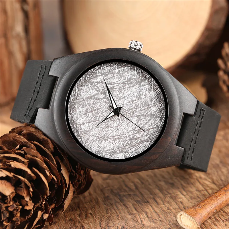 Handmade Silver Dial Nature Wood Clock Men's Bamboo Quartz Analog Wrist Watch Black Genuine Leather Strap Wooden Round Case Gift