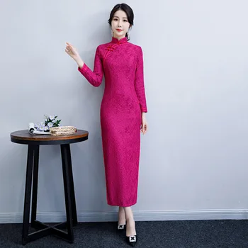 

Handmade Button Qipao Chinese Evening Dress Elegant Slim Long Qipao Plus Size M-4XL Sexy Lace Split Cheongsam