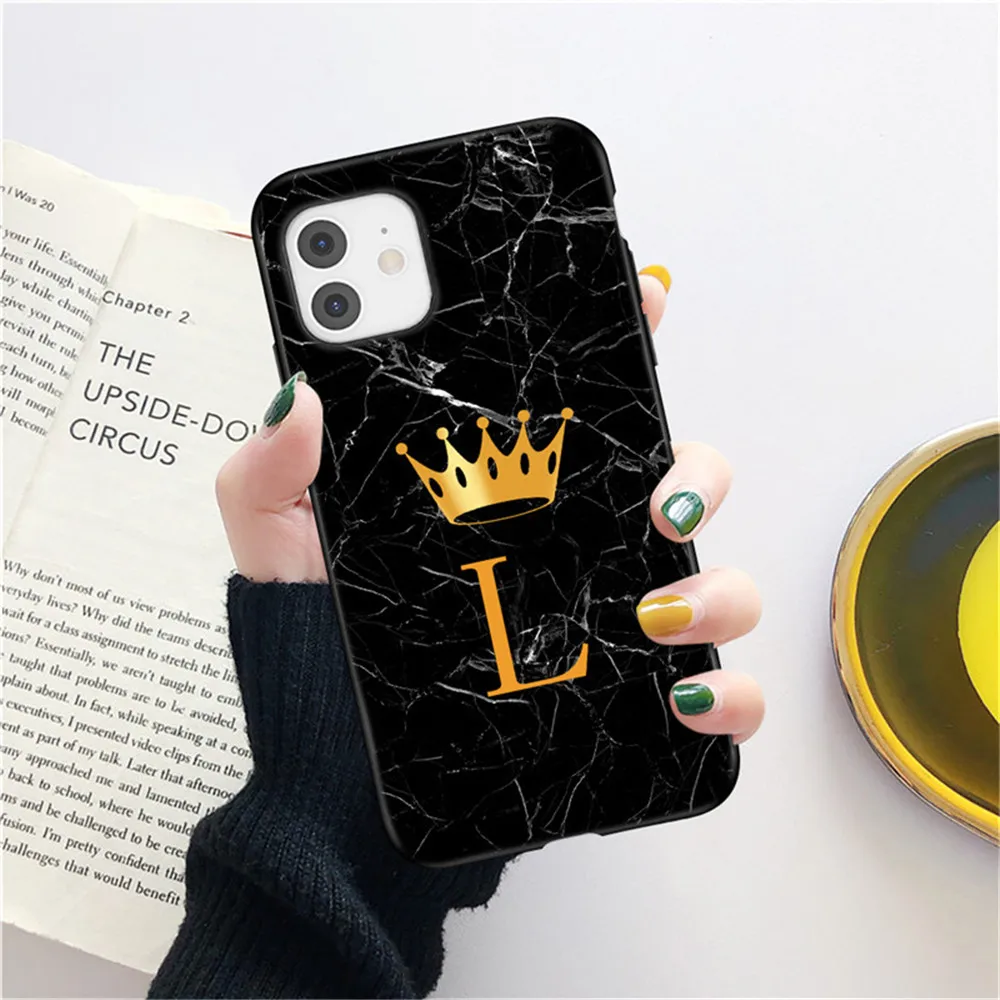 iphone 11 Pro Max  cover Soft Silicone Black Marble Crown Letter Fashion Phone Case For iPhone 11 12 Pro Max 12 Mini Shockproof Case Soft TPU Back Cover apple iphone 11 Pro Max case