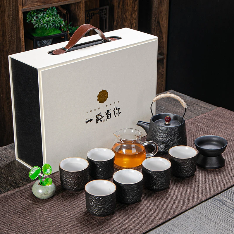 セラミックティーセット,ティーポット,ティーポット,プレート,トラベルバッグ,家族,屋外旅行に適しています,11個