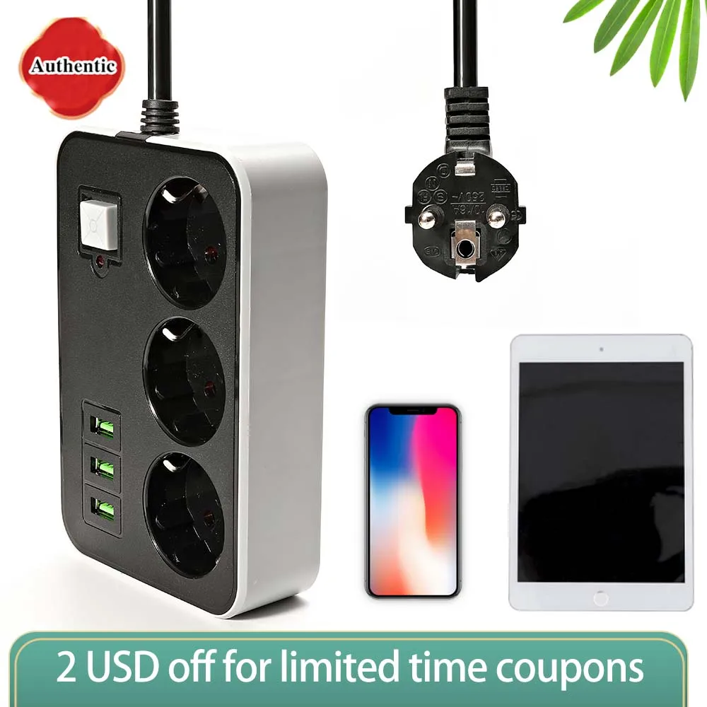 Round Power Board Smart 2 USB Travel Adapter Socket Power Plug EU 5M Extension Cord Kitchen Universal Charger