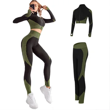 

NORMOV Seamless Knit Fitness Two-Piece Set Women Long Sleeve Zipper Push Up Workout Suits Female Elastic High Waist Leggings Set