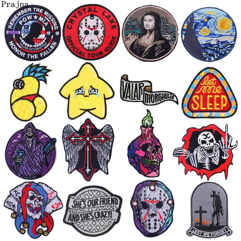

Prajna Cartoon Punk Patch Iron On Patches On Clothes Embroidered Patches For Clothing Stripes Van Gogh Badge Jacket Clothing DIY