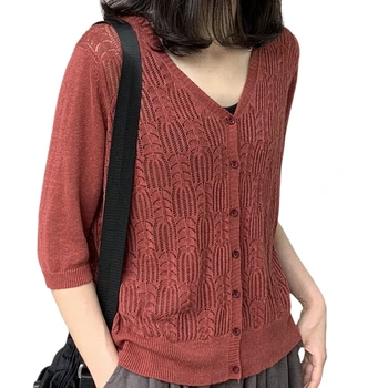 

Solid Thin Hollow Out Women Sweaters And Cardigan 2020 Summer New Short-Sleeved Casual All Match Female Outwear Coat Tops