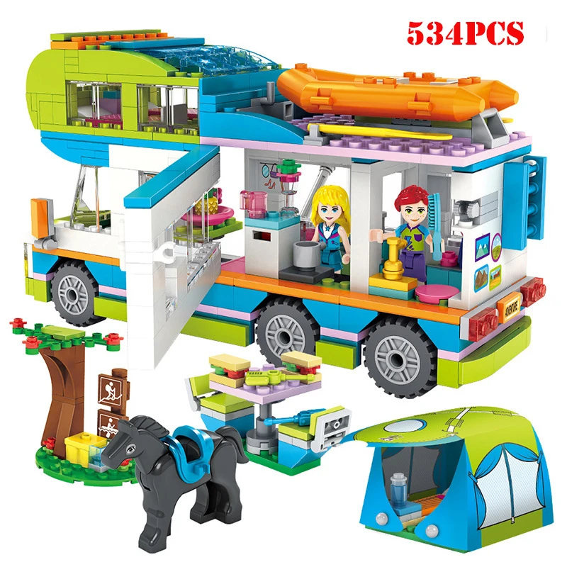 

Friends Series City Outing Camper Bus Car Pink Cake Cafe Building Blocks Compatible Legoed Friends Bricks Child Educational Toys