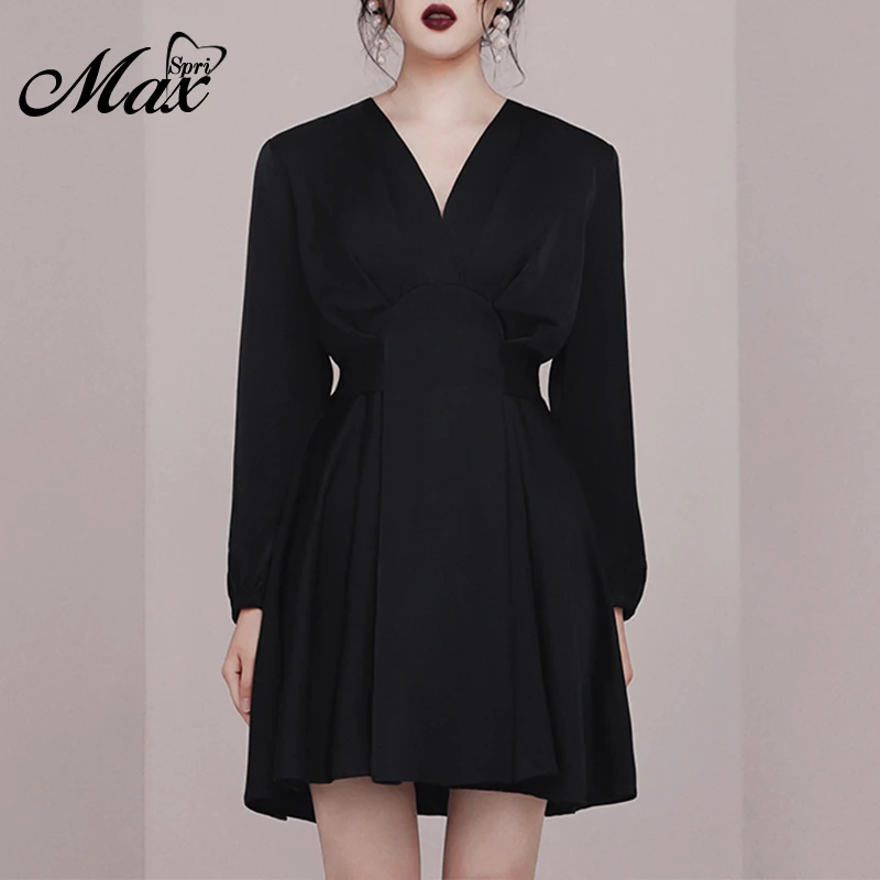 Max Spri 2019 New Fashion Women Party Long Sleeved Deep V Neck Slim High Waist Tie Bow Little Black Dress Office Lady Wearing | Женская