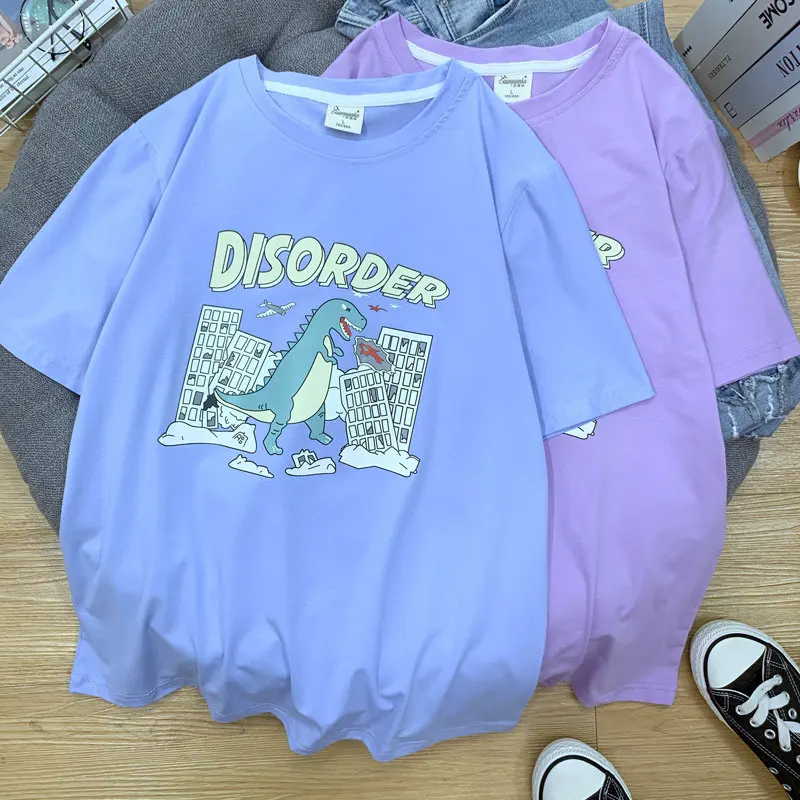 95% Cotton summer Ins Hot Plus Size women t-shirts harajuku Korean Streetwear couple clothes dinosaur short Tops japanese D03