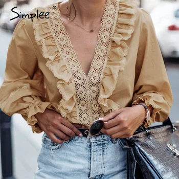

Simplee V neck ruffles women blouse shirt Long sleeve hollow out embroidery female white tops Elegant office ladies blouses 2020
