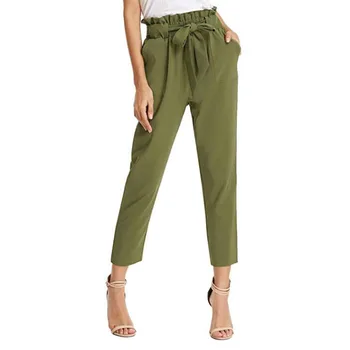 

2020 Elegant Paperbag Waist Pants Women Solid High Waist Skinny Frill Trim Elastic Spring Summer Pants Trousers pantalones mujer