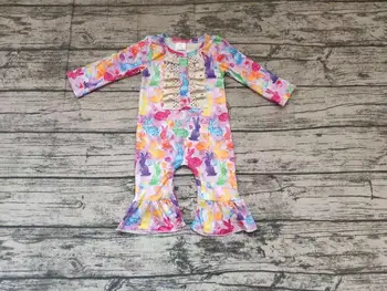 

Easter baby colorful rabbit print long sleeve jumpsuit yll