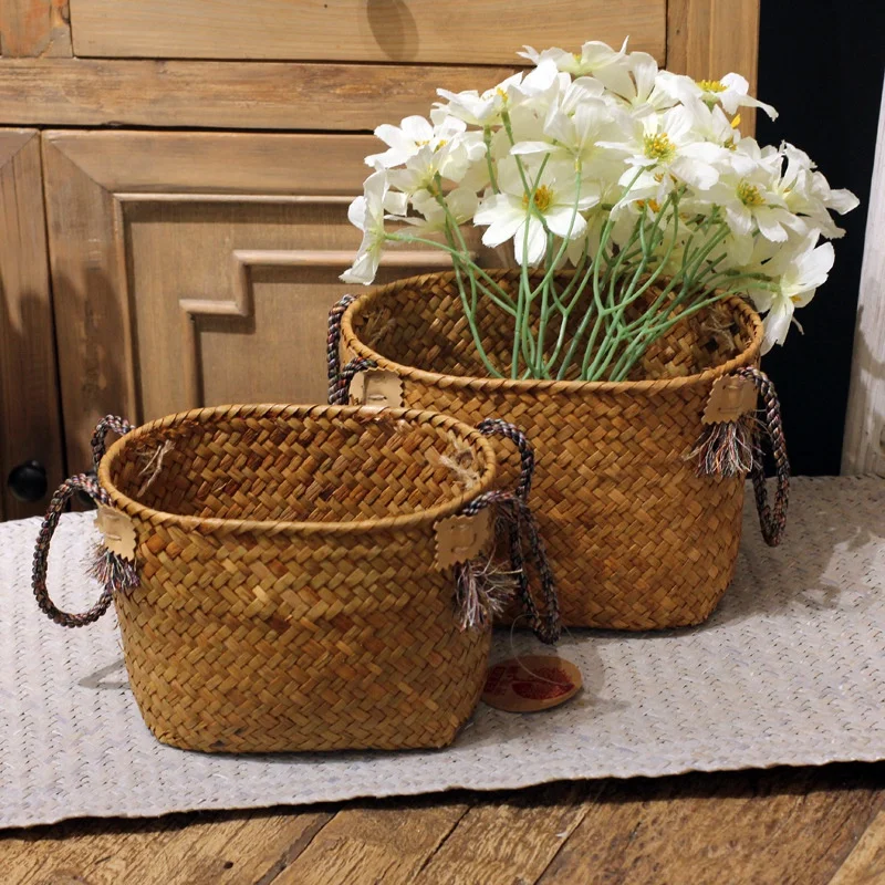 

2-Piece Handmade Straw Woven Flower Basket Rattan Basket Daily Use Set Two Storage Baskets Sundries Basket