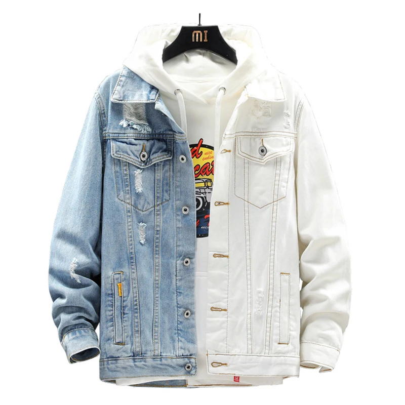 Men's Blue White Patchwork Jean Jacket 