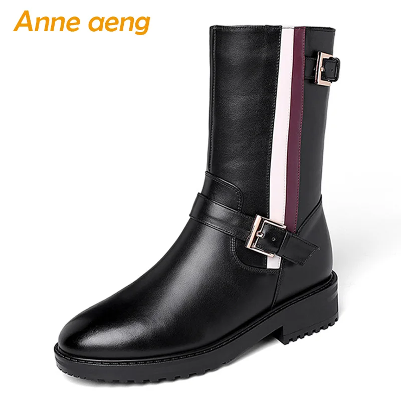 

2019 New Winter Genuine Leather Women Ankle Boots Middle Heels Round Toe Zipper Casual Women Shoes Black Short Riding Boots