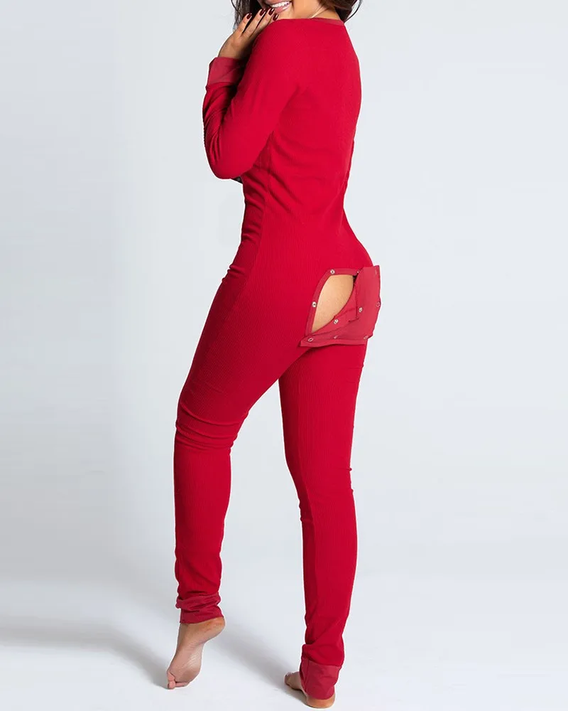 V-neck Buttons Up Sexy Romper Women Long Sleeve Jumpsuits Autumn Fruits Print Sleepwear Back Flap Sleepwear