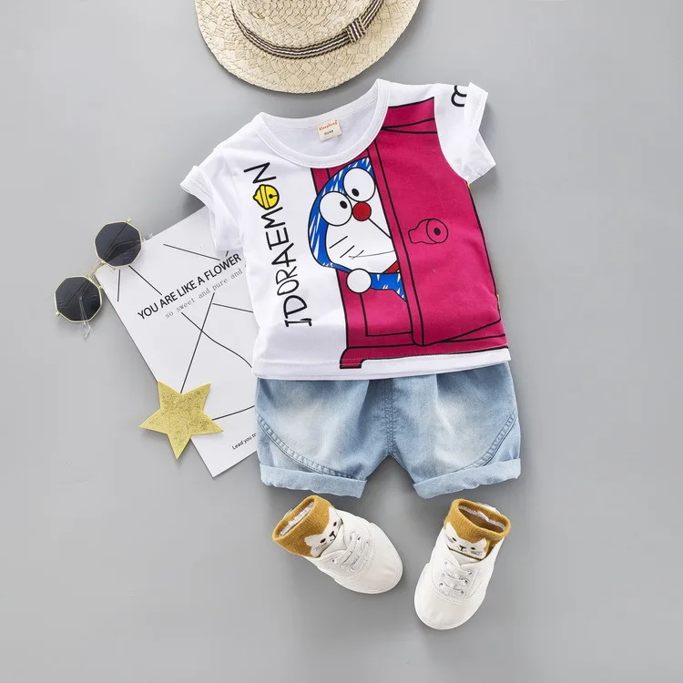 

Doraemon CHILDREN'S T-shirt 2019 BOY'S Clothes with Short Sleeves CHILDREN'S Suit Cartoon Kindergarten Denim Shorts Two-Piece Se