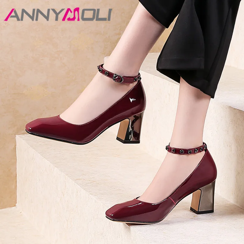 

ANNYMOLI High Heels Women Pumps Patent Leather Chunky High Heels Party Shoes Buckle Square Toe Ankle Strap Shoes Lady Size 34-39