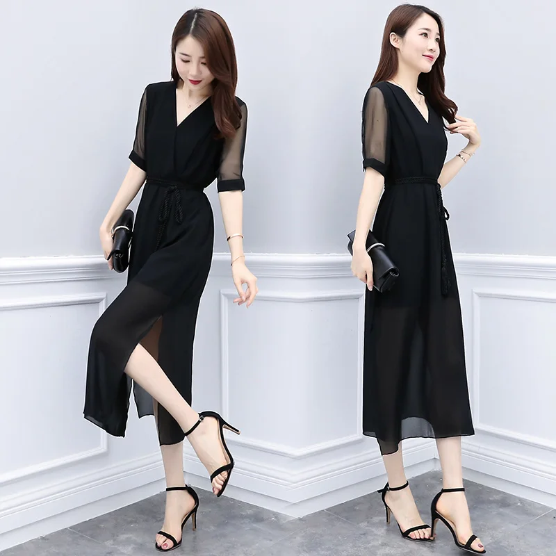 Женское винтажное шифоновое платье элегантное черное с высокой талией V-образным