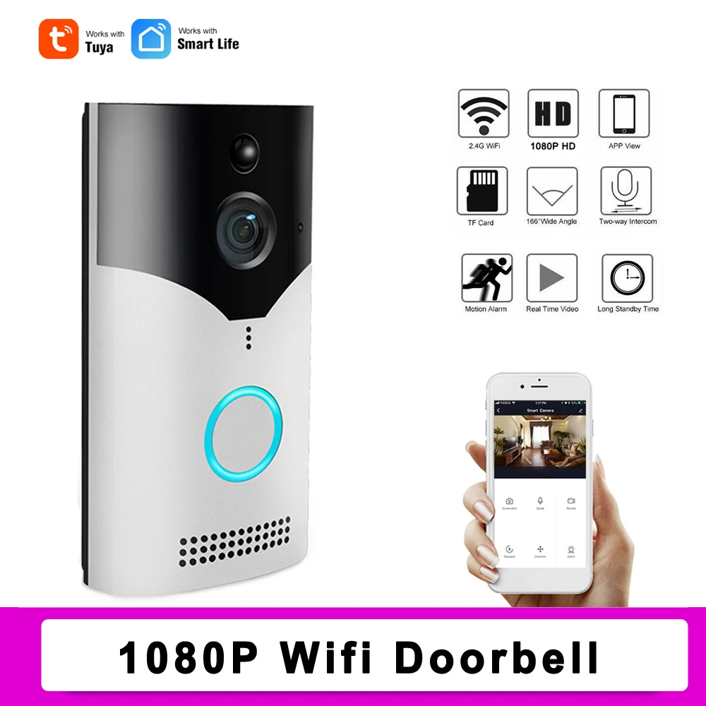 Wireless Tuya Smart Wifi Doorbell 1080P HD Visual Intercom Remote Home Night Vision Door Bell 160 degree Viewing Angle Camera