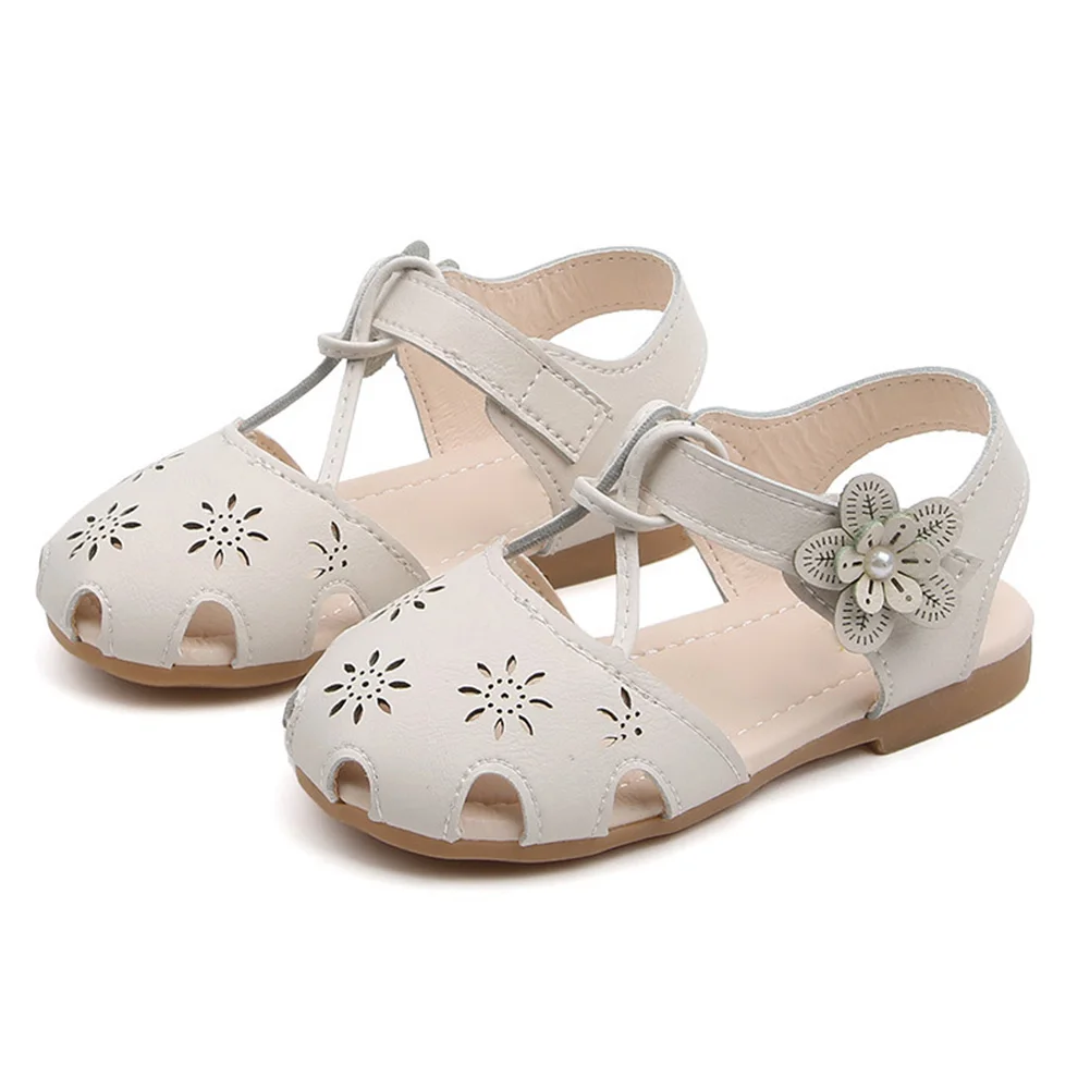Beige 21 Кожаные Нескользящие мягкие туфли с закрытым носком для девочек; туфли на низком каблуке для принцесс; Летние босоножки; дизайн - Цвет: Beige 21