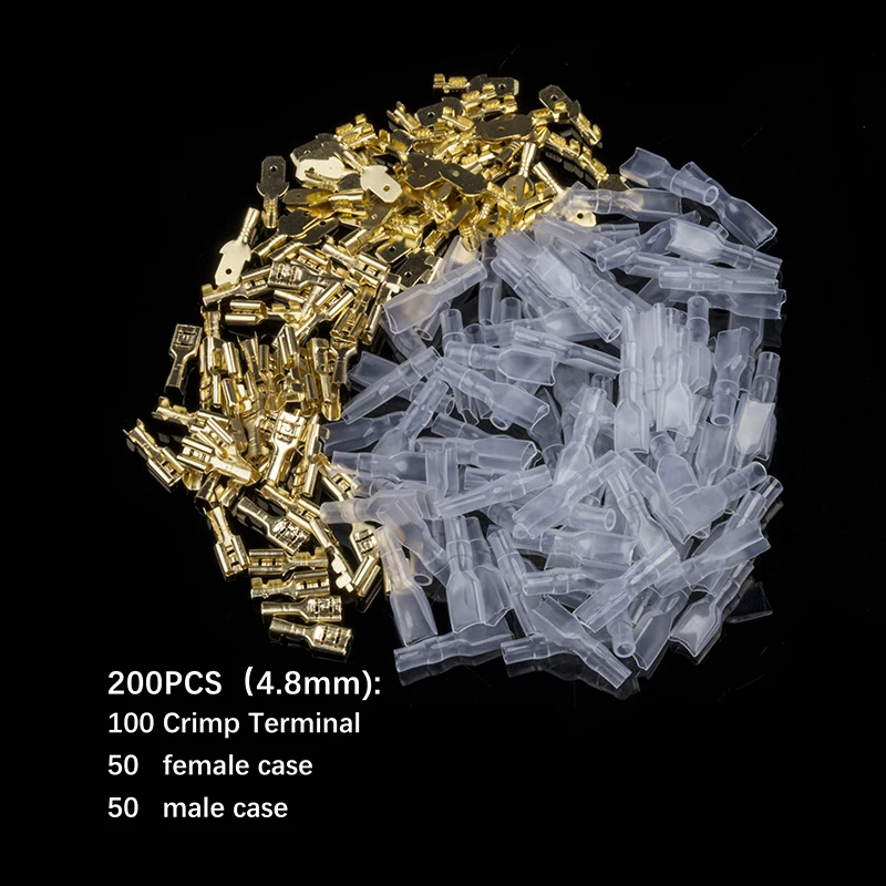 4.8mm 200 шт./100 пар Мужская/Женская Лопата обжимные клеммы электрические изоляционные рукава провода обертывания разъем для 22-16 AWG 0,5 мм2-1,5 мм2 - Цвет: 4.8mm