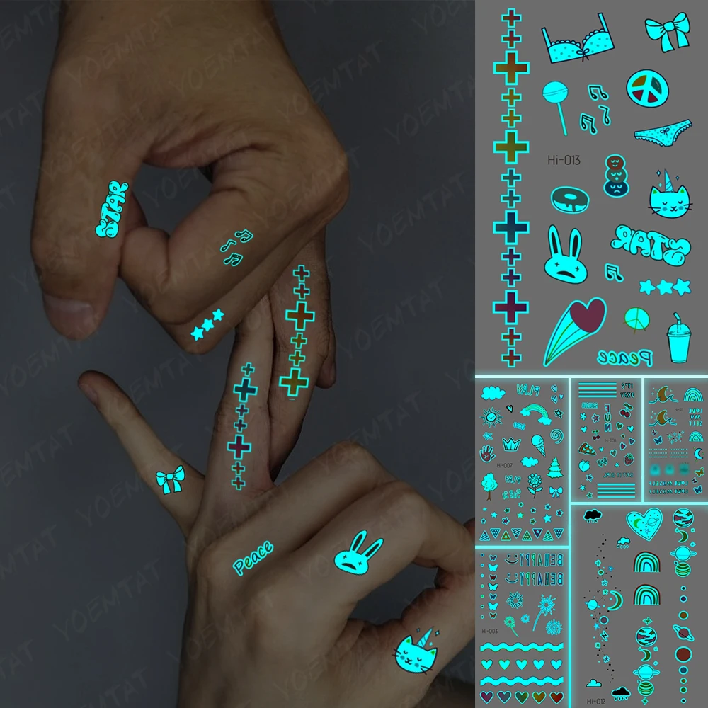 

Blue Luminous Glow Tattoo Sticker Cute Cartoon Cat Waterproof Temporary Tatoo Small Finger Wrist Fake Tatto For Body Art Women