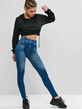 

FroMoaSa Leggings Women Faux Denim Jeans Leggings Pants Women Sexy Long Pocket Printing High Waist Plus Size Legging