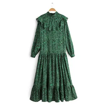 

2020 Women Cascading Ruffles Leopard Print Casual Slim Green Dress Female Hem Pleated Ruffles Vestidos Chic Party Dresses DS3369
