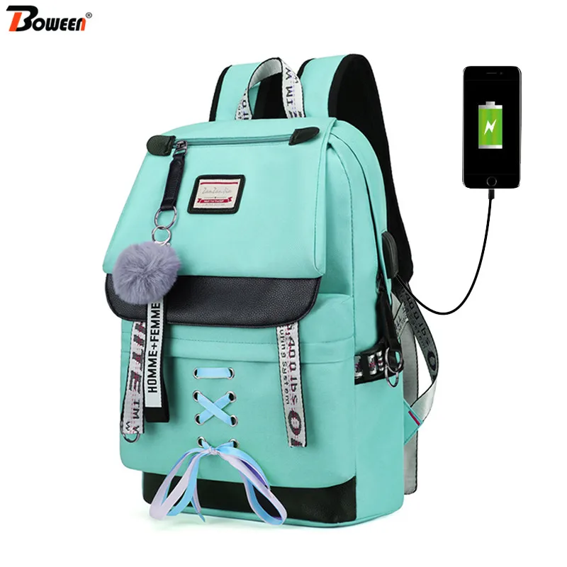 Mochilas escolares de lona de gran capacidad Usb niñas y adolescentes, morral verde adolescentes _ - AliExpress Mobile