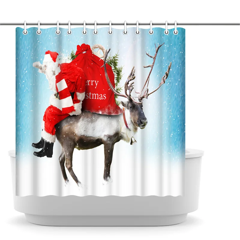

Polyester Shower Curtain Santa Claus Riding A Deer Print Modern Style Bathroom Curtains Photo Custom Waterproof Fabric Curtain