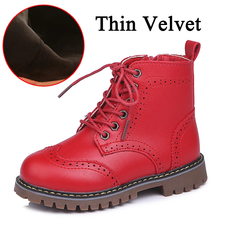 Thin Velvet Red Зимняя обувь; Ботинки martin для девочек; модные кожаные ботинки с боковой молнией для мальчиков; бархатные теплые детские зимние ботинки; детская обувь - Цвет: Thin Velvet Red